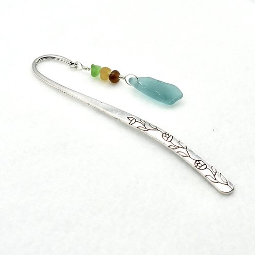 Sea Glass Bookmark Flower Nature Vine Silver Metal Colorful Reading Gift