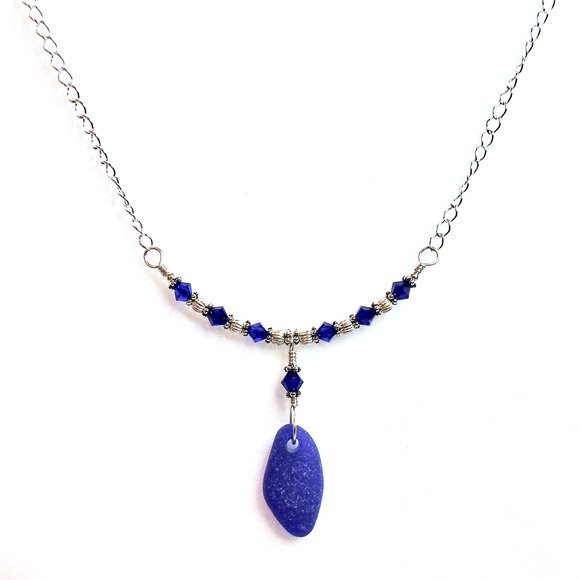 crystal and cobalt blue sea glass necklace