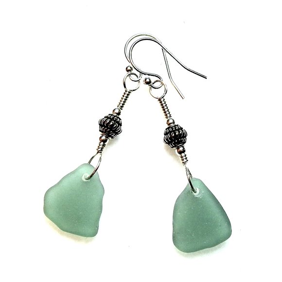teal sea glass and Bali drop earrings