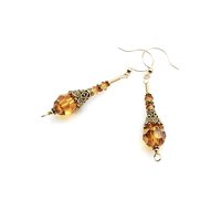Orange Bead Crystal Earrings for Women Long Gold Dangle Handmade Jewelry Gift Ideas for Her