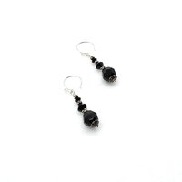 Black Crystal Bead Earrings Silver Dangle Pierced Handmade Jewelry for Women 