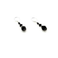Black Crystal Bead Earrings Silver Dangle Pierced Handmade Jewelry for Women 
