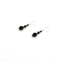 Black Crystal Bead Earrings Silver Dangle Pierced Handmade Jewelry for Women 