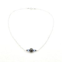 materials - sterling silver Bali beads 10mm and 3mm, wire, chain, spring ring clasp and tiny round beads, light sapphire blue bi cone shaped tiny beads 4mm