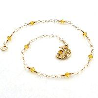 Crescent Moon Anklet Yellow Crystal Celestial Jewelry Adjustable Charm Ankle Bracelet