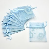 Blue Organza Bags 3x4, Small Drawstring Gift Bags with Wave Design, Sheer Pouch Jewelry Packaging