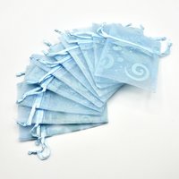Blue Organza Bags 3x4, Small Drawstring Gift Bags with Wave Design, Sheer Pouch Jewelry Packaging