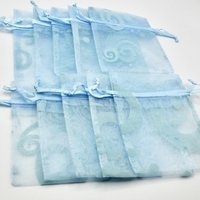 Blue Organza Bags 3x4, Small Drawstring Gift Bags with Wave Design, Sheer Pouch Jewelry Packaging