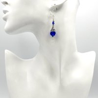 Dark Blue Earrings for Women Bali Filigree Long Silver Dangle Crystal Jewelry 