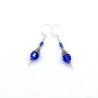 Dark Blue Earrings for Women Bali Filigree Long Silver Dangle Crystal Jewelry 