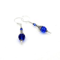 Dark Blue Earrings for Women Bali Filigree Long Silver Dangle Crystal Jewelry 