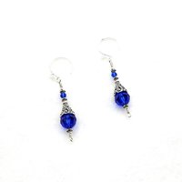 Dark Blue Earrings for Women Bali Filigree Long Silver Dangle Crystal Jewelry 
