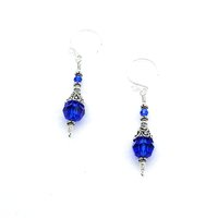 Dark Blue Earrings for Women Bali Filigree Long Silver Dangle Crystal Jewelry 