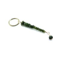 tiny gemstone beads in shades of green stacked with a dangle at the end