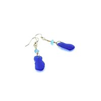 tiny aqua blue real sea glass pieces with cobalt blue charms hanging below