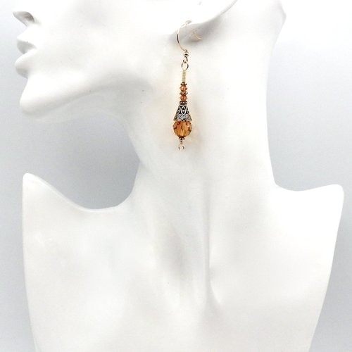Orange Bead Crystal Earrings for Women Long Gold Dangle Handmade Jewelry Gift Ideas for Her