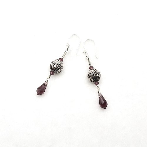 Crystal Teardrop Earrings Long Purple Pierced Silver Dangle Drops Handmade Jewelry Women's Gifts