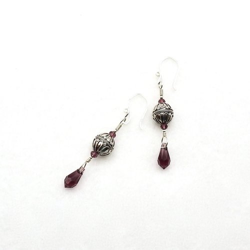 Crystal Teardrop Earrings Long Purple Pierced Silver Dangle Drops Handmade Jewelry Women's Gifts