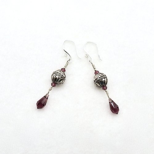 Crystal Teardrop Earrings Long Purple Pierced Silver Dangle Drops Handmade Jewelry Women's Gifts