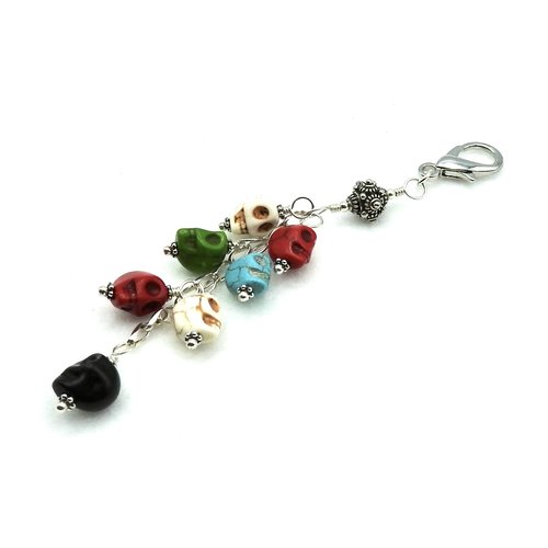 Howlite Skull Crystal Keychain Clip On Zipper Pull Charm Multi Color Handmade Chakra Gifts 