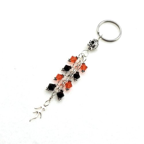 Skull Keychain Long Dangle Black and Orange Crystal Bead Flame Charm Keyring Cool Gifts