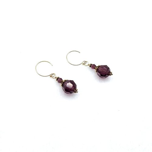 Dark Purple Short Crystal Earrings Gold Pierced Dangle February Birthstone Jewelry Gifts 