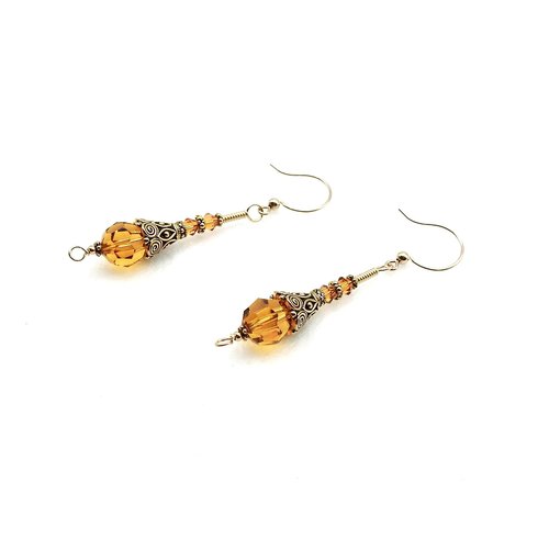 Orange Bead Crystal Earrings for Women Long Gold Dangle Handmade Jewelry Gift Ideas for Her