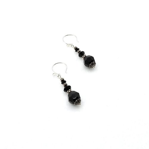 Black Crystal Bead Earrings Silver Dangle Pierced Handmade Jewelry for Women 