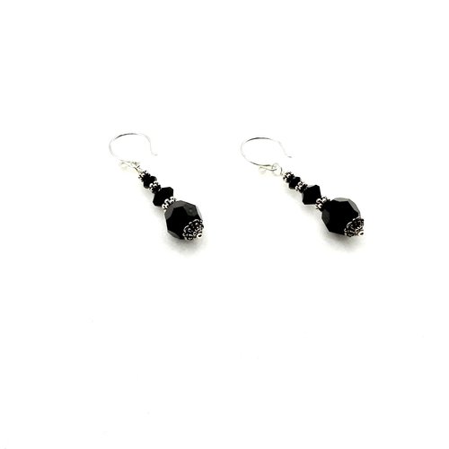 Black Crystal Bead Earrings Silver Dangle Pierced Handmade Jewelry for Women 