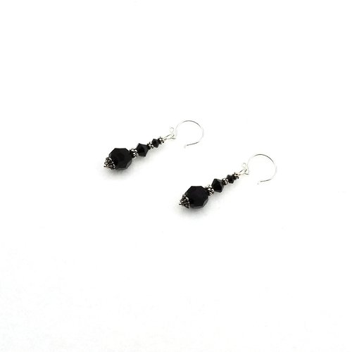 Black Crystal Bead Earrings Silver Dangle Pierced Handmade Jewelry for Women 