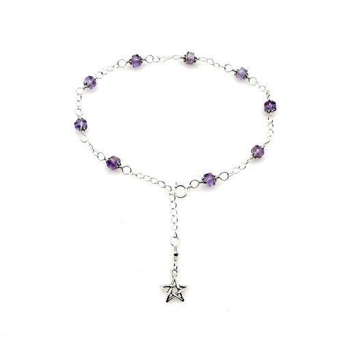 Light Amethyst Star Charm Anklet Adjustable Silver Beaded Chain Gemstone Ankle Bracelet 