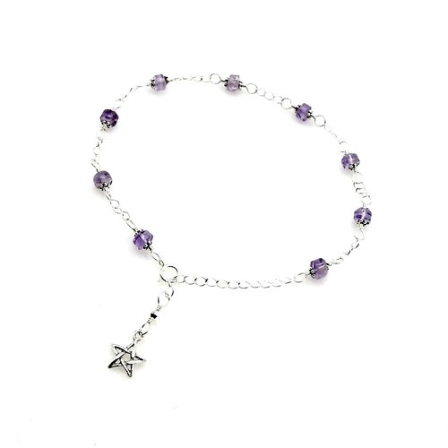 Light Amethyst Star Charm Anklet Adjustable Silver Beaded Chain Gemstone Ankle Bracelet 