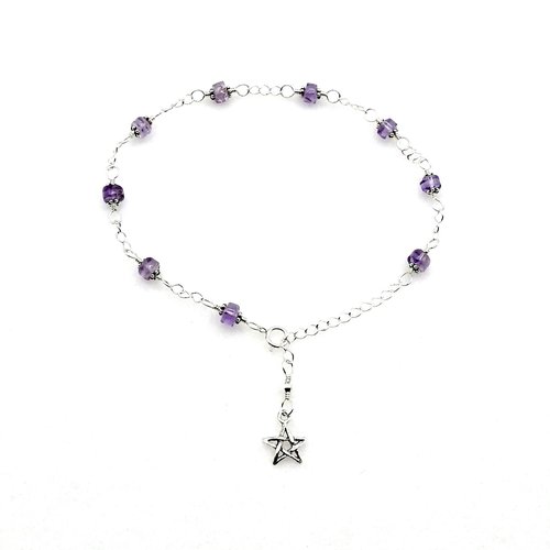 Light Amethyst Star Charm Anklet Adjustable Silver Beaded Chain Gemstone Ankle Bracelet 