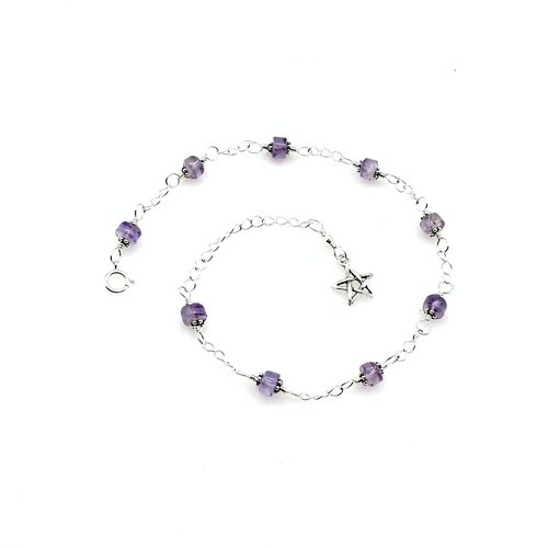 Light Amethyst Star Charm Anklet Adjustable Silver Beaded Chain Gemstone Ankle Bracelet 