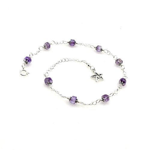 Light Amethyst Star Charm Anklet Adjustable Silver Beaded Chain Gemstone Ankle Bracelet 