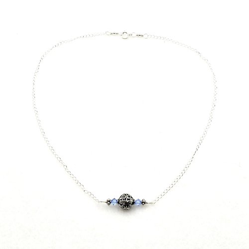 materials - sterling silver Bali beads 10mm and 3mm, wire, chain, spring ring clasp and tiny round beads, light sapphire blue bi cone shaped tiny beads 4mm