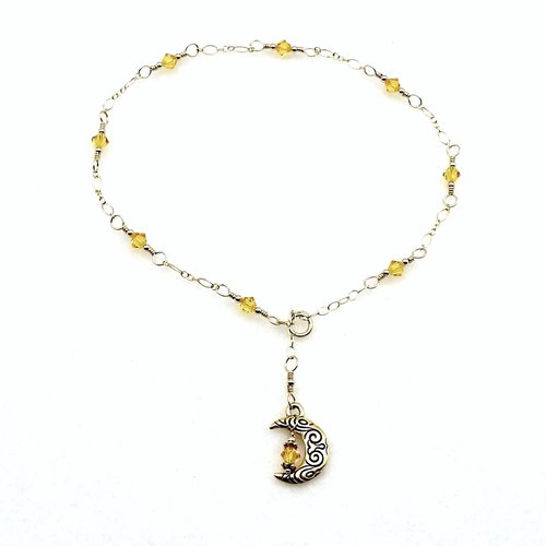 Crescent Moon Anklet Yellow Crystal Celestial Jewelry Adjustable Charm Ankle Bracelet