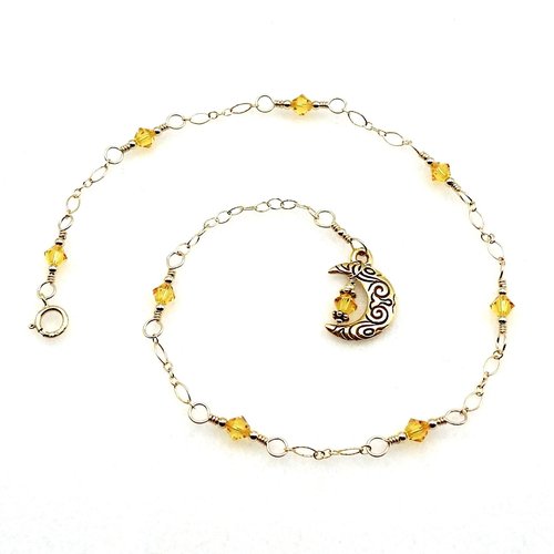 Crescent Moon Anklet Yellow Crystal Celestial Jewelry Adjustable Charm Ankle Bracelet