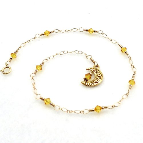 Crescent Moon Anklet Yellow Crystal Celestial Jewelry Adjustable Charm Ankle Bracelet