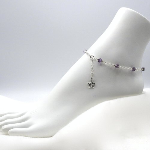 Light Amethyst Star Charm Anklet Adjustable Silver Beaded Chain Gemstone Ankle Bracelet 