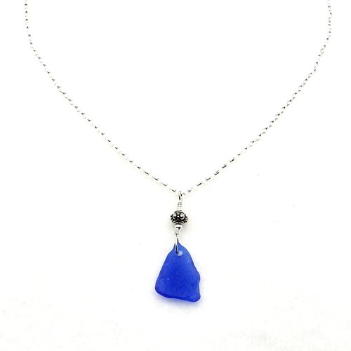 Cobalt Blue Short Sea Glass Necklace 16 Inch Handmade Bali Jewelry Beach Gifts 