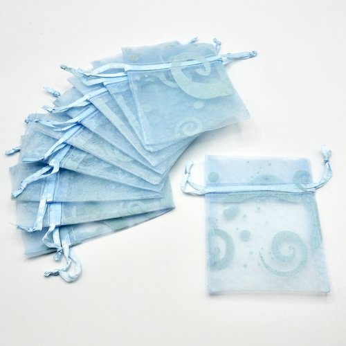 Blue Organza Bags 3x4, Small Drawstring Gift Bags with Wave Design, Sheer Pouch Jewelry Packaging