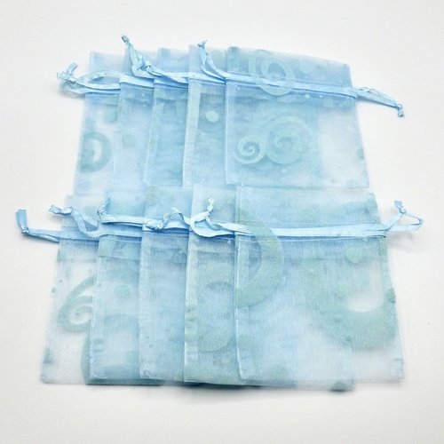 Blue Organza Bags 3x4, Small Drawstring Gift Bags with Wave Design, Sheer Pouch Jewelry Packaging