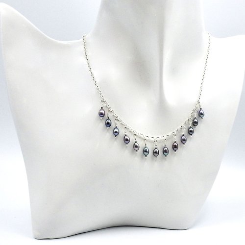 Freshwater Pearl Fringe Necklace for Women Ladies Handmade Jewelry 18 Inch Silver Iridescent Gift 