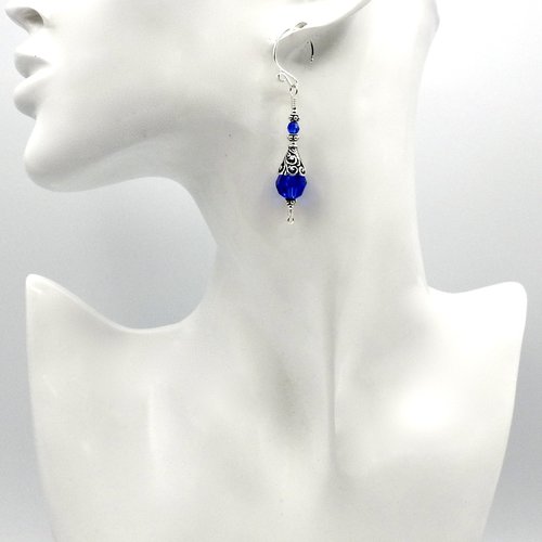 Dark Blue Earrings for Women Bali Filigree Long Silver Dangle Crystal Jewelry 