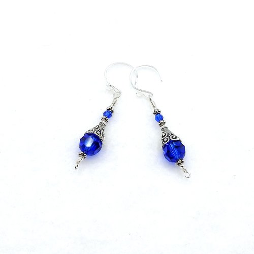 Dark Blue Earrings for Women Bali Filigree Long Silver Dangle Crystal Jewelry 