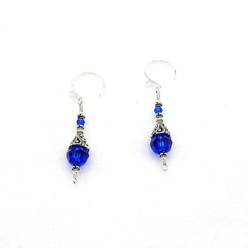 Dark Blue Earrings for Women Bali Filigree Long Silver Dangle Crystal Jewelry 