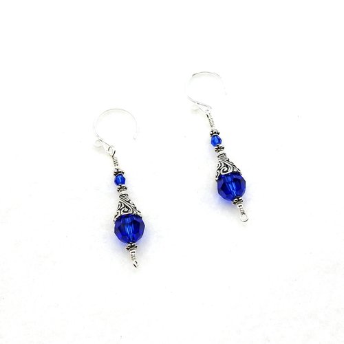 Dark Blue Earrings for Women Bali Filigree Long Silver Dangle Crystal Jewelry 