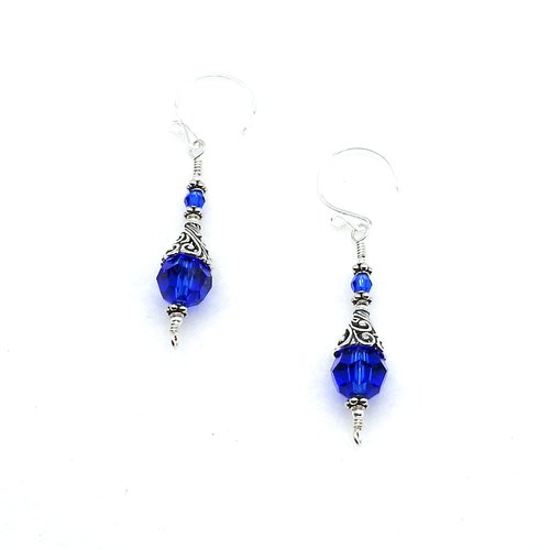 Dark Blue Earrings for Women Bali Filigree Long Silver Dangle Crystal Jewelry 