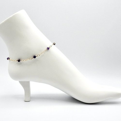 Purple Amethyst Gemstone Anklet for Women Handmade Gold Ankle Bracelet Birthstone Chakra Gift